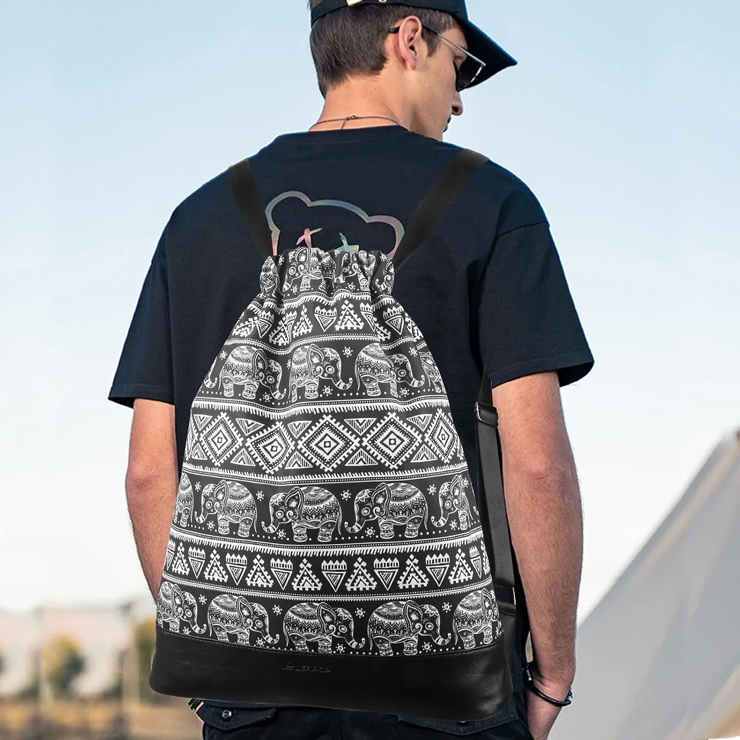 Drawstring Backpack Bag Sport Gym Sackpack，With Zipper Pocket and Reinforced Bottom (Black Elephant)