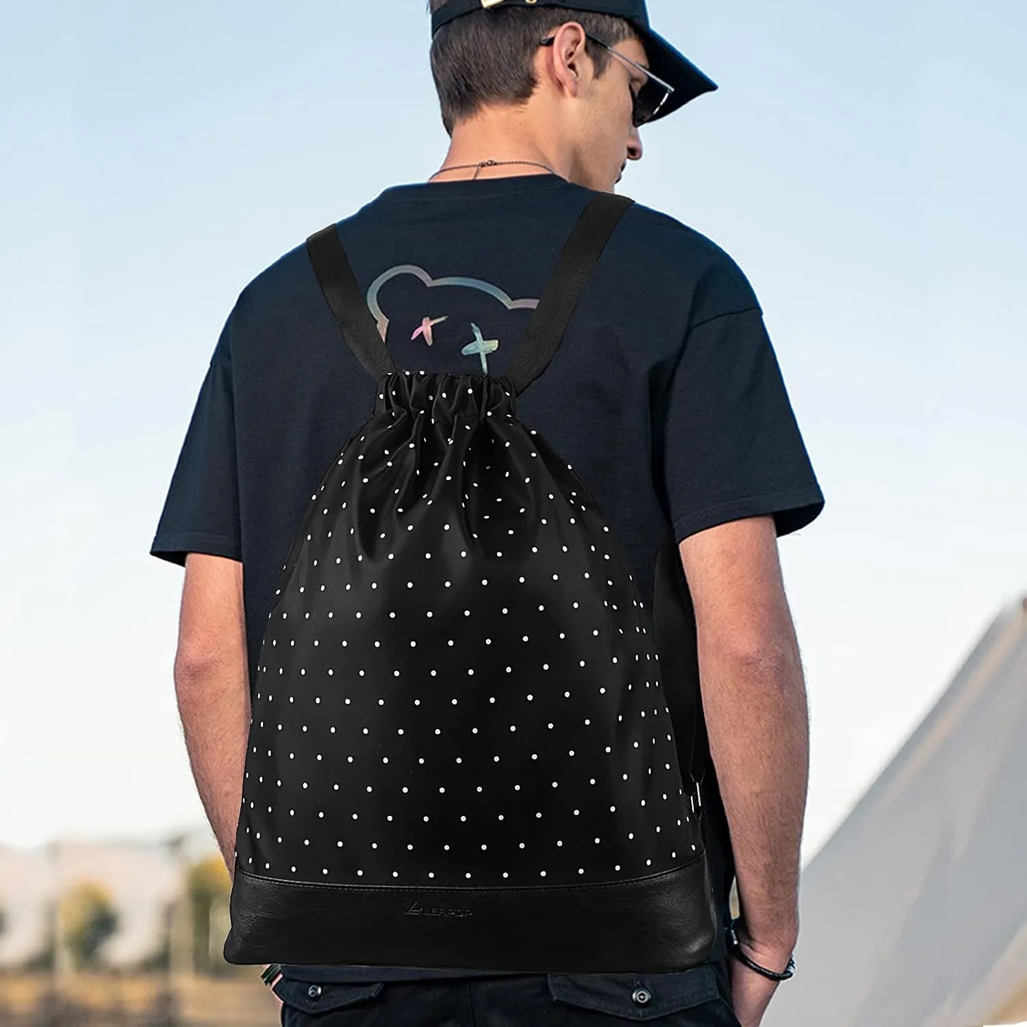 Drawstring Backpack Bag Sport Gym Sackpack，With Zipper Pocket and Reinforced Bottom (Black Polka Dot I)