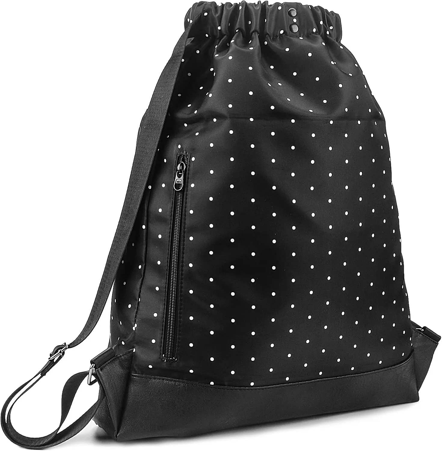 Drawstring Backpack Bag Sport Gym Sackpack，With Zipper Pocket and Reinforced Bottom (Black Polka Dot I)