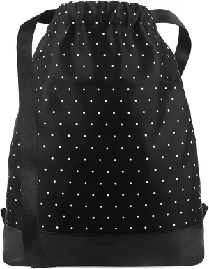Drawstring Backpack Bag Sport Gym Sackpack，With Zipper Pocket and Reinforced Bottom (Black Polka Dot I)