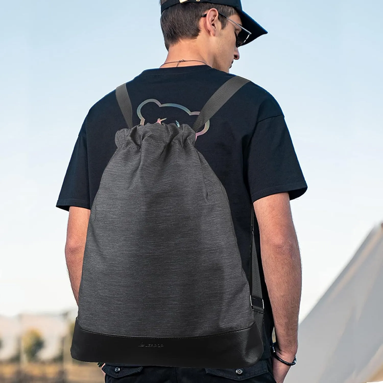 Drawstring Backpack Bag Sport Gym Sackpack，With Zipper Pocket and Reinforced Bottom (Dark gray)