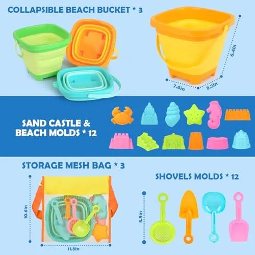 Dreamon Beach Toys for Kids 3-10, Collapsible Sand Toys Include 3 Pack Foldable Buckets with Mesh Bag, 24 PCS Beach Mold and Shovels Molds, Travel Sandbox Beach Toys for Toddler