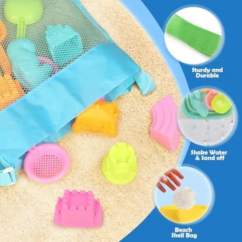 Dreamon Beach Toys for Kids 3-10, Collapsible Sand Toys Include 3 Pack Foldable Buckets with Mesh Bag, 24 PCS Beach Mold and Shovels Molds, Travel Sandbox Beach Toys for Toddler