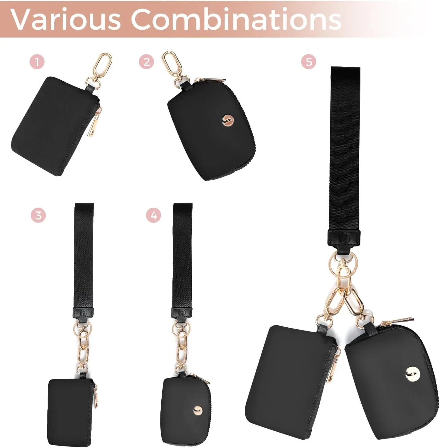 Dual Pouch Wristlet Keychain Wallets for Women with 2 Detachable Zipper Coin Purse - Small and Portable Mini Card Wallet for Women Men Gold Hardware Black Black