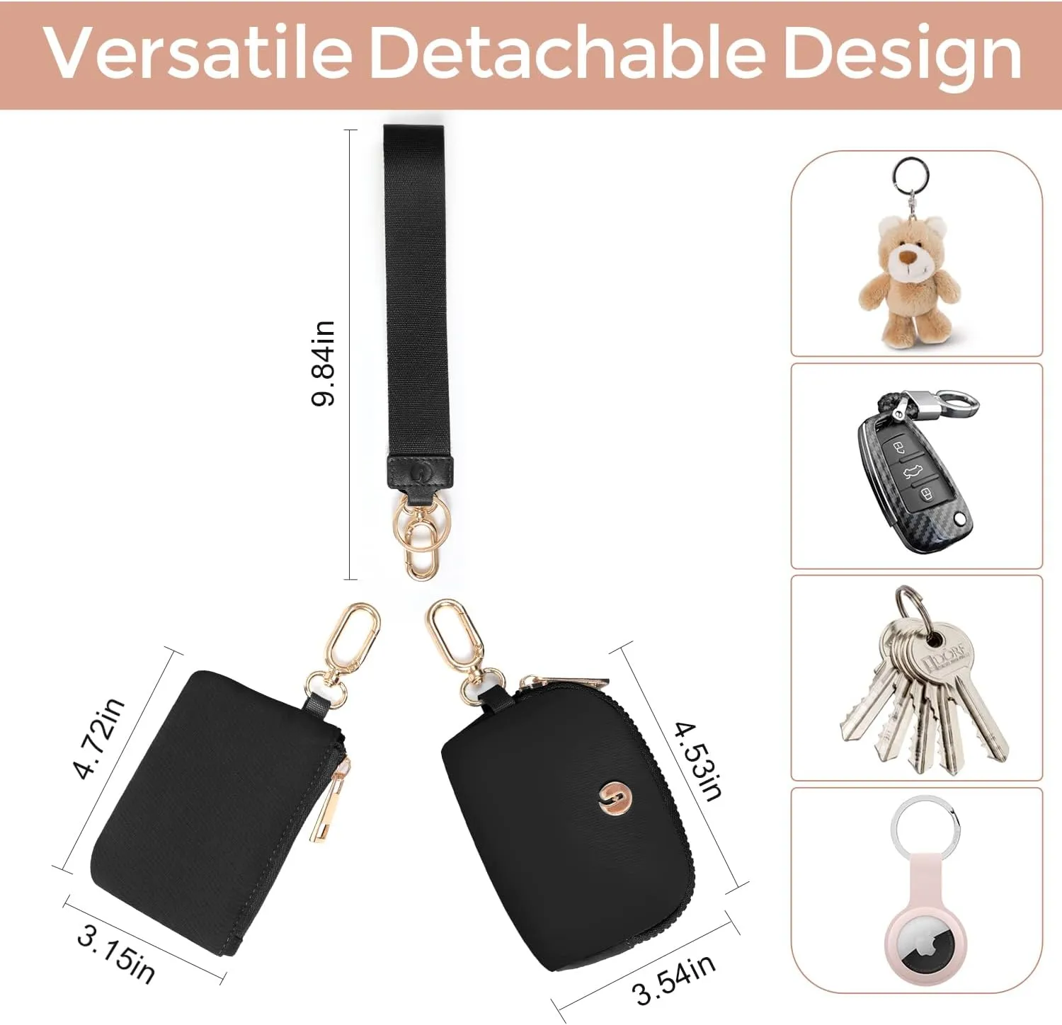 Dual Pouch Wristlet Keychain Wallets for Women with 2 Detachable Zipper Coin Purse - Small and Portable Mini Card Wallet for Women Men Gold Hardware Black Black