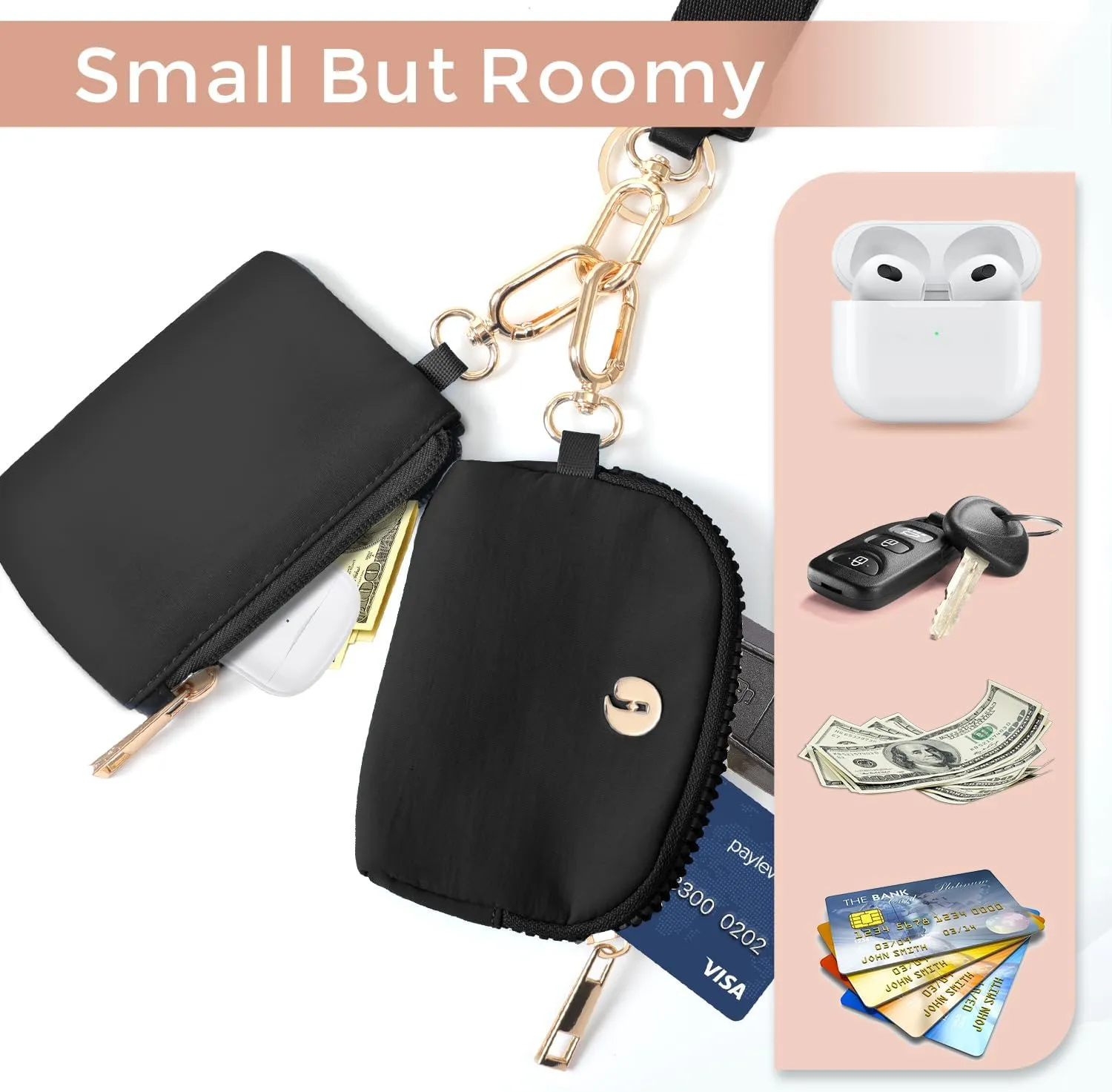 Dual Pouch Wristlet Keychain Wallets for Women with 2 Detachable Zipper Coin Purse - Small and Portable Mini Card Wallet for Women Men Gold Hardware Black Black