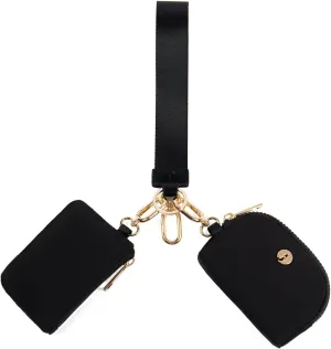 Dual Pouch Wristlet Keychain Wallets for Women with 2 Detachable Zipper Coin Purse - Small and Portable Mini Card Wallet for Women Men Gold Hardware Black Black
