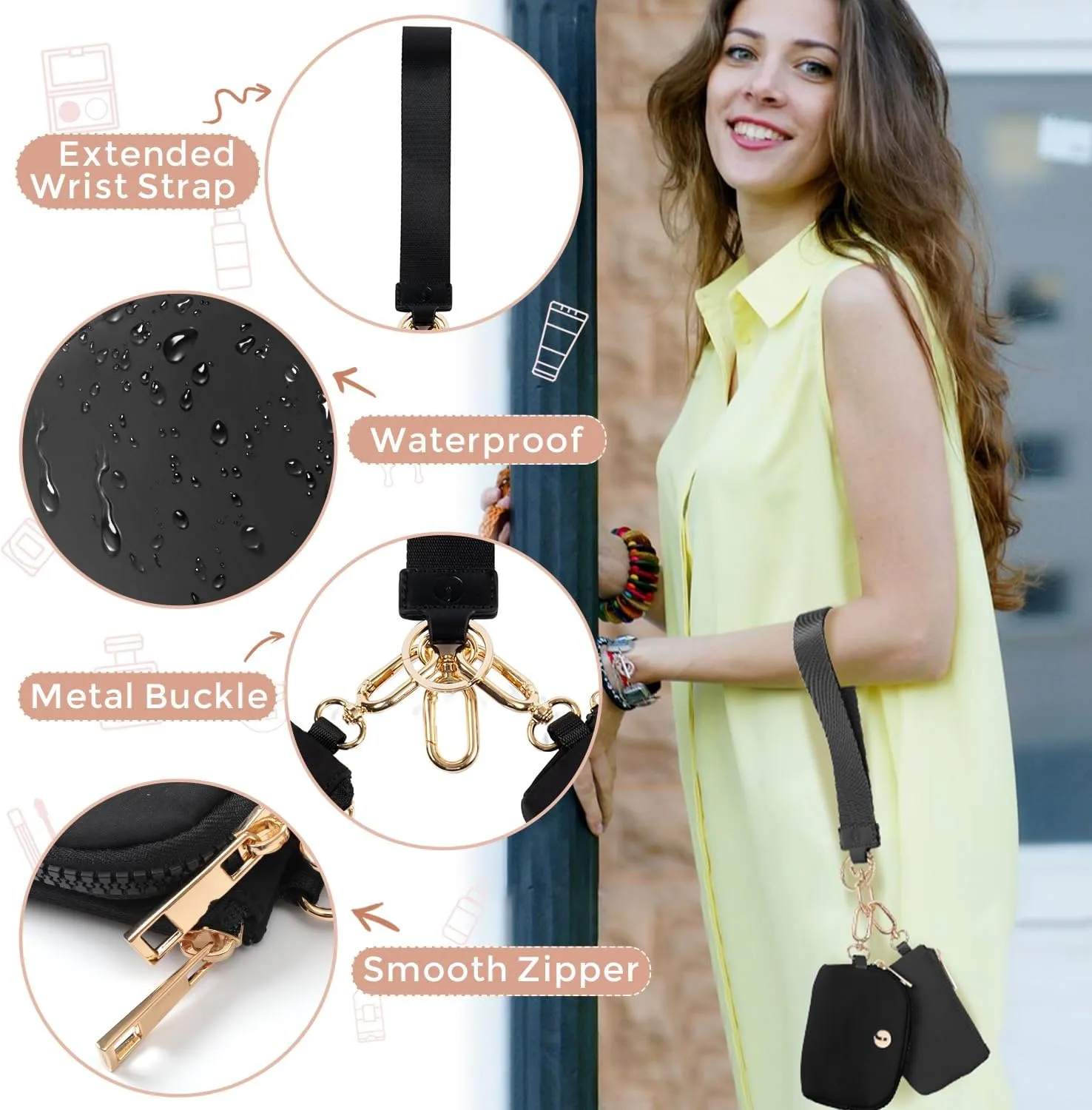 Dual Pouch Wristlet Keychain Wallets for Women with 2 Detachable Zipper Coin Purse - Small and Portable Mini Card Wallet for Women Men Gold Hardware Black Black