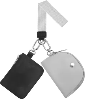 Dual Pouch Wristlet Wallets For Women, Coin Purse Zip Around Wristlet Pouch, Portable Zipper Wristlet Nylon for Daily Travel Walking, Black and Gray