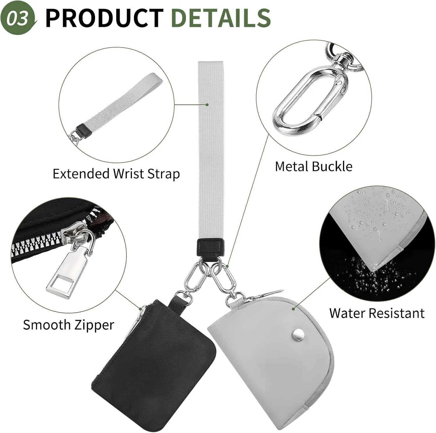 Dual Pouch Wristlet Wallets For Women, Coin Purse Zip Around Wristlet Pouch, Portable Zipper Wristlet Nylon for Daily Travel Walking, Black and Gray
