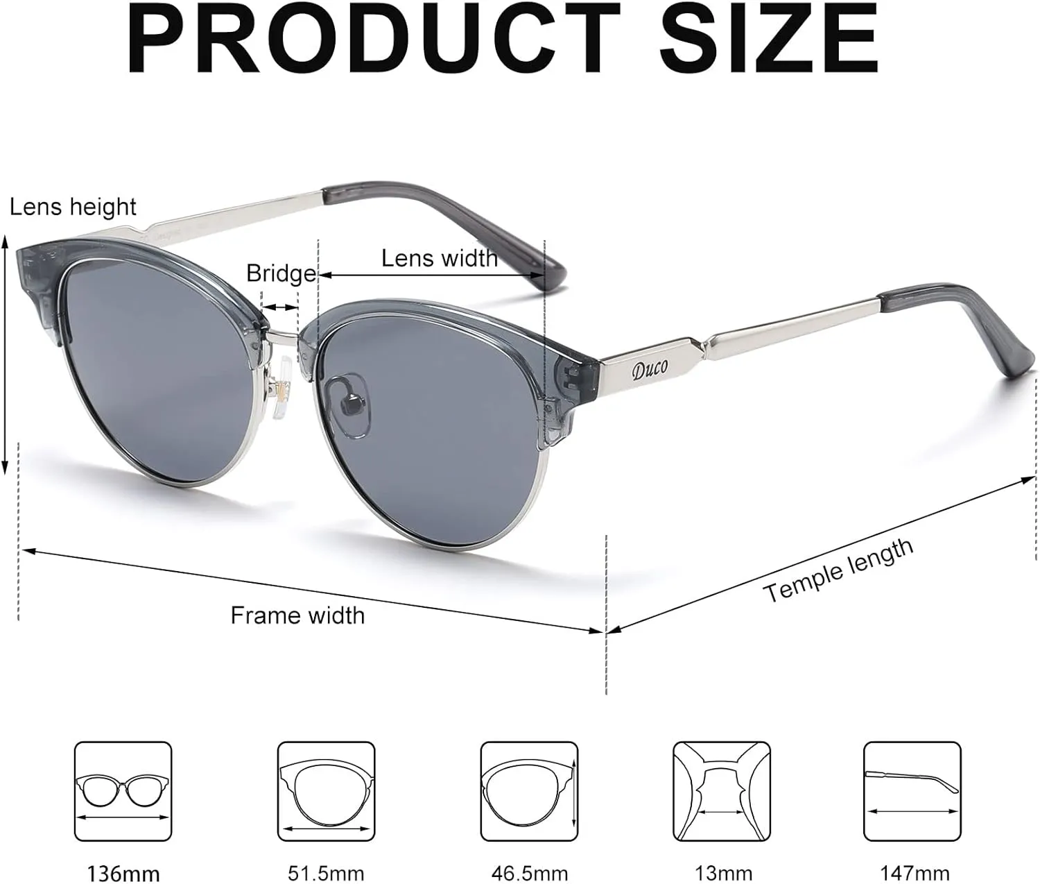 DUCO Retro Polarized Sunglasses for Women Semi Rimless Sun Glasses for Small Face Vintage Half Frame Shades 1221
