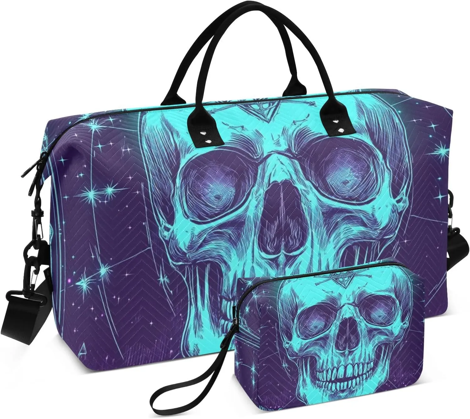 Duffel Bag Weekender Overnight Bag Gym Tote Bag with Toiletry Bag for Airplane Traveling Waterproof Pirate Skull Neon Mystery Tarot Cards