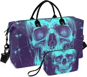 Duffel Bag Weekender Overnight Bag Gym Tote Bag with Toiletry Bag for Airplane Traveling Waterproof Pirate Skull Neon Mystery Tarot Cards