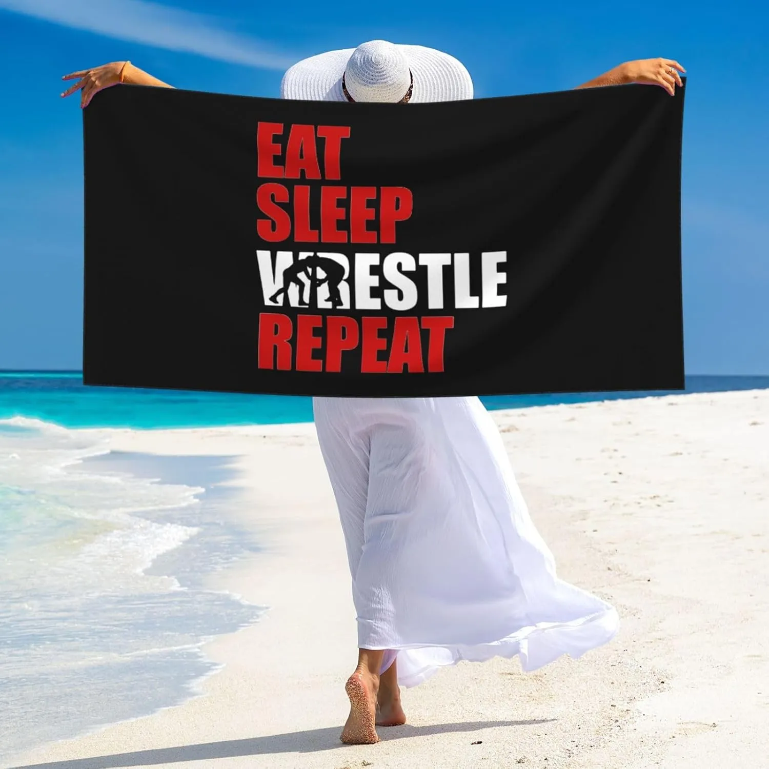 Eat Sleep Wrestle Repeat Wrestling Large Beach Towel 27.5x55 Inches - Ultra Soft & Quick Dry, Lightweight Sand Towel for Pool, Travel, Summer | Bath Towel for Adults & Family