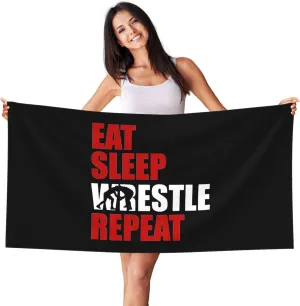 Eat Sleep Wrestle Repeat Wrestling Large Beach Towel 27.5x55 Inches - Ultra Soft & Quick Dry, Lightweight Sand Towel for Pool, Travel, Summer | Bath Towel for Adults & Family