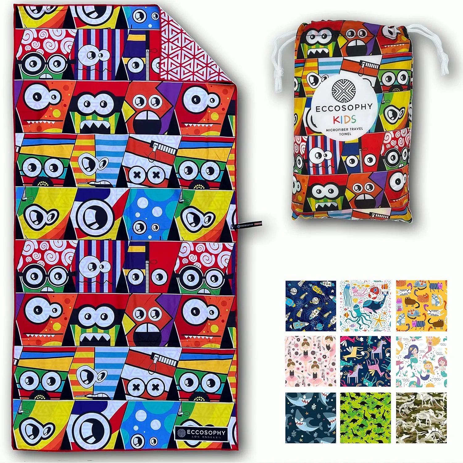 ECCOSOPHY Microfiber Kids Beach Towels & Pouch 60"x30" for Girls & Boys - Quick Dry Pool Towels - Sand Free Beach Blanket for Travel - Camping - Vacation - Toallas Playas