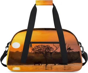 Elephants Swimming Gym Duffel Bag for Men Women Forest Sunset Sports Tote Bag with Adjustable Shoulder Strap for Dance Gymnastics Traveling Outdoor Camping Overnight Stay