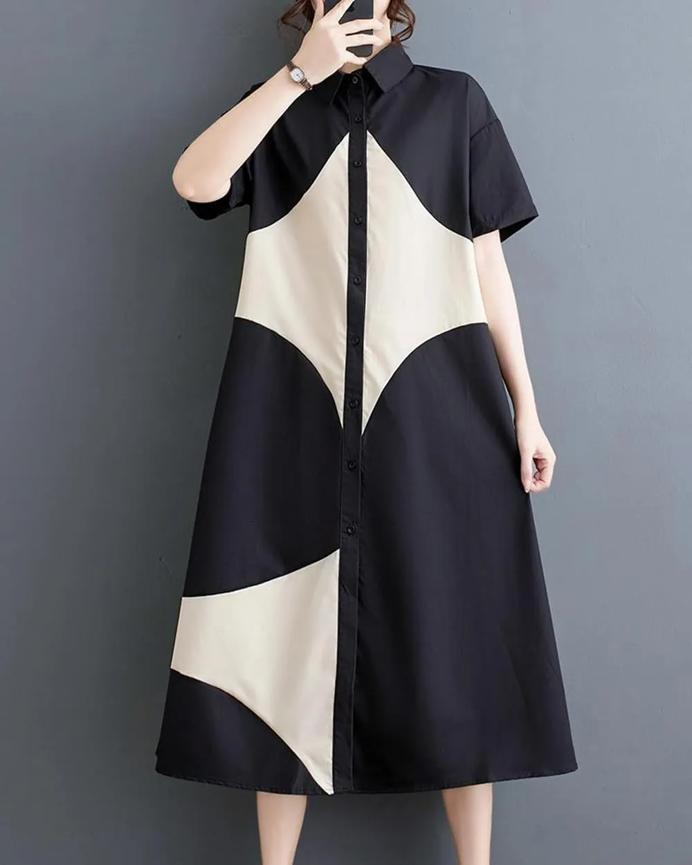 ellazhu Women's Short Sleeves Color Block Midi Length Button Down Shirt Dress GZ191 A