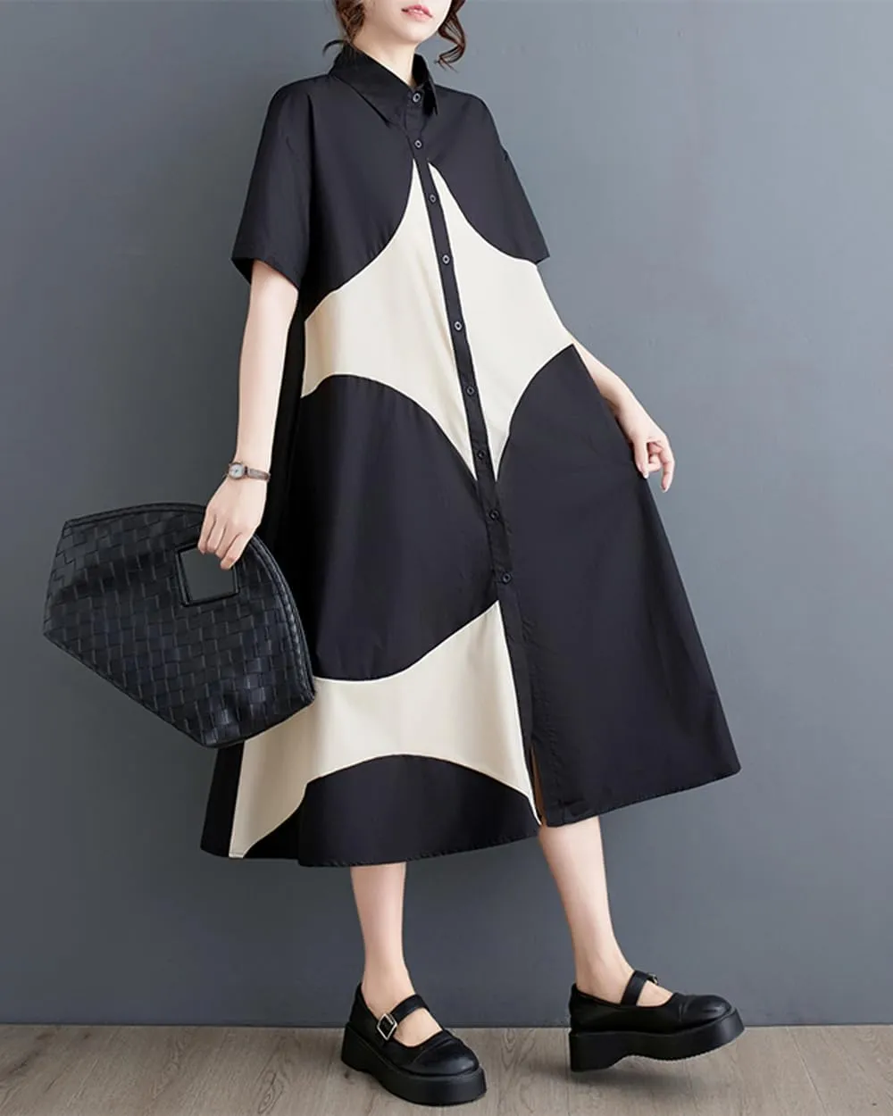 ellazhu Women's Short Sleeves Color Block Midi Length Button Down Shirt Dress GZ191 A