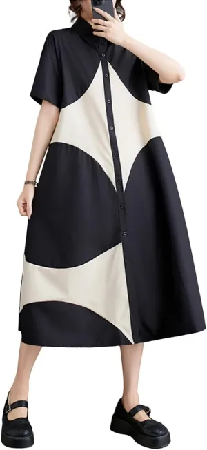 ellazhu Women's Short Sleeves Color Block Midi Length Button Down Shirt Dress GZ191 A
