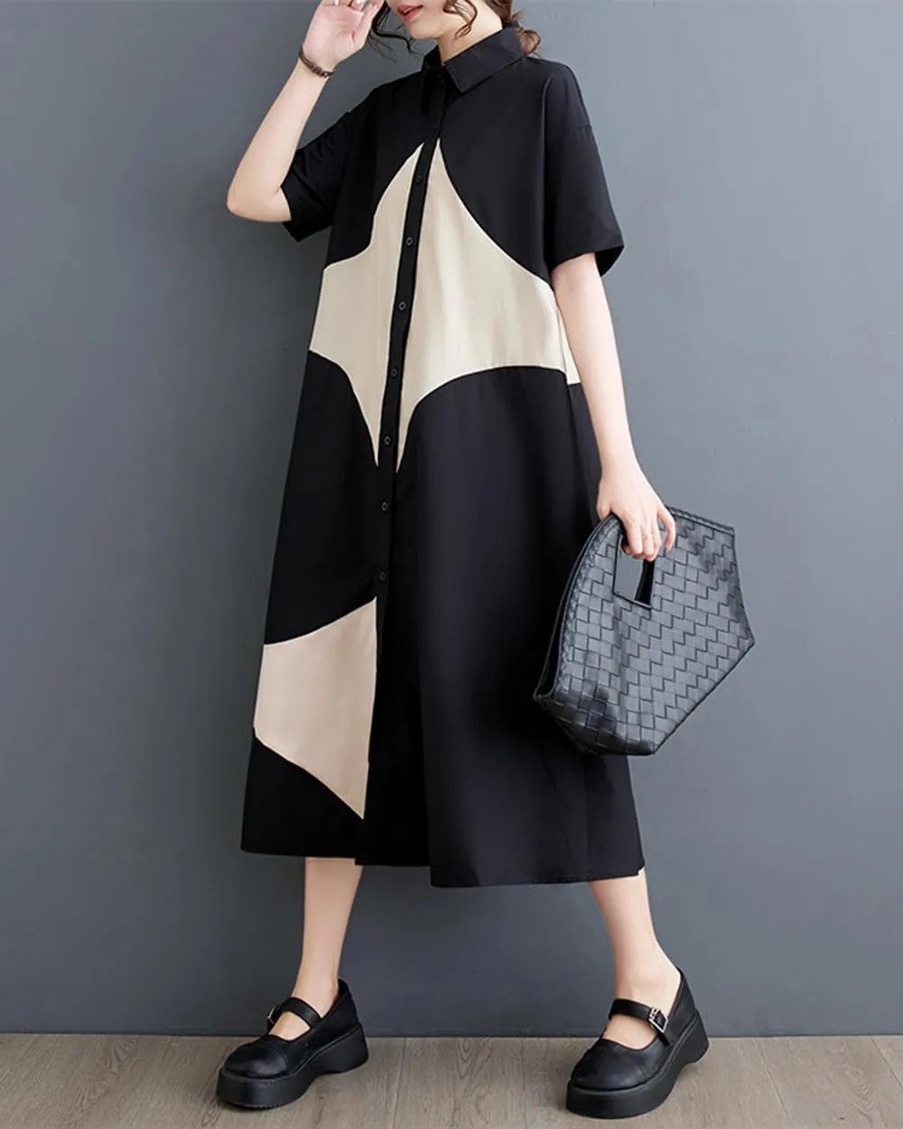 ellazhu Women's Short Sleeves Color Block Midi Length Button Down Shirt Dress GZ191 A