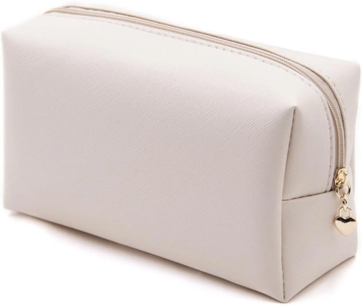 Embroidery Small Makeup PU Leather Travel Cosmetic Pouch Toiletry Bag for Women Portable Water-Resistant (White)