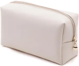 Embroidery Small Makeup PU Leather Travel Cosmetic Pouch Toiletry Bag for Women Portable Water-Resistant (White)