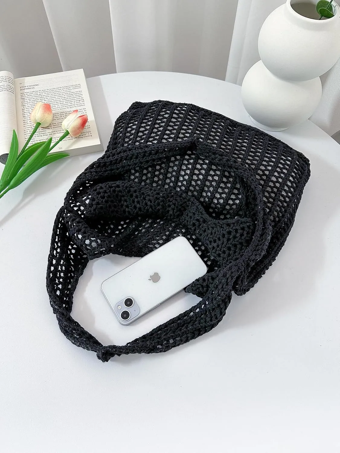 ENBEI Crochet Beach Bag - Women's Knit Shoulder Bags for Travel - Cute, Handmade Tote
