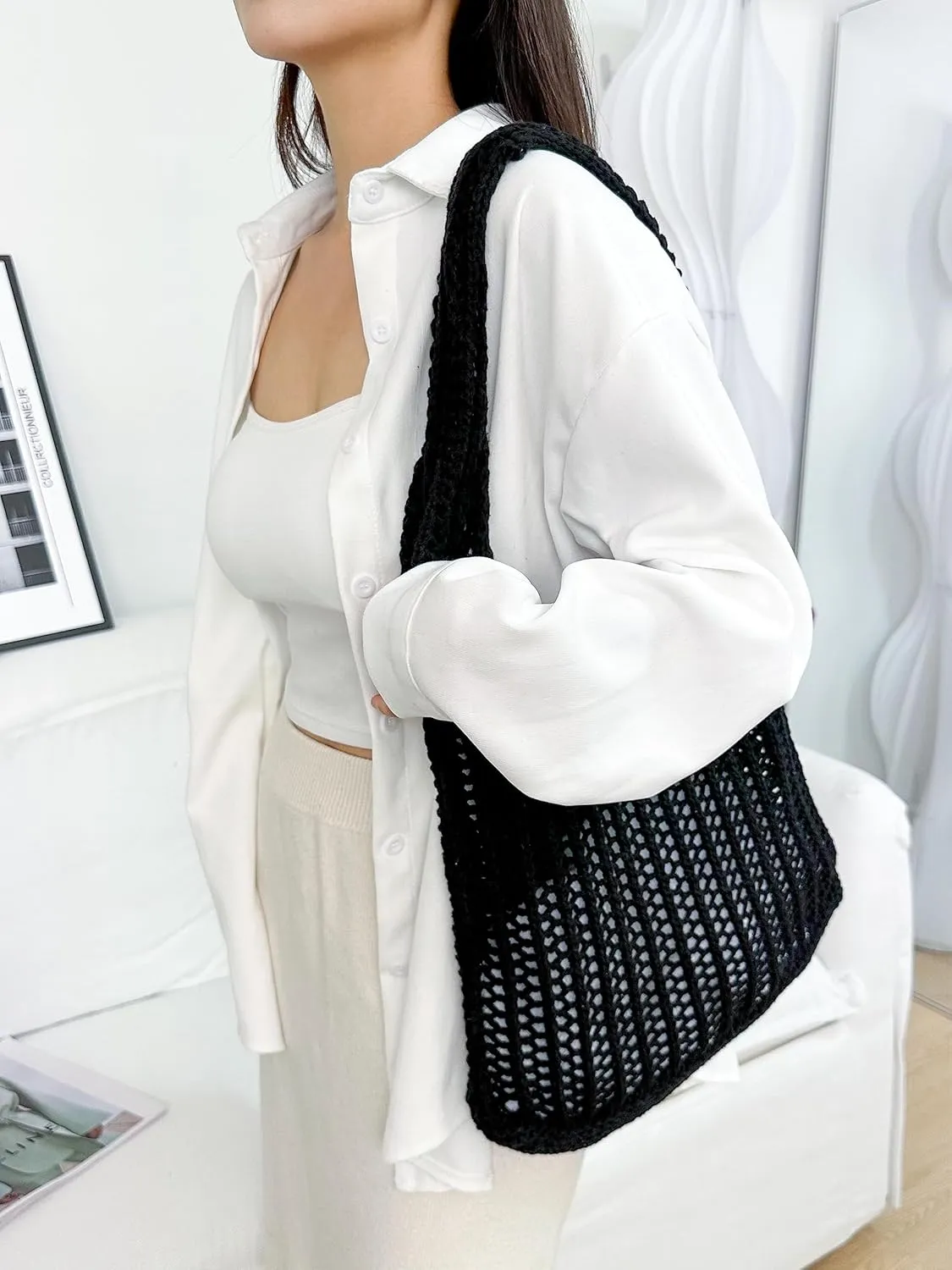 ENBEI Crochet Beach Bag - Women's Knit Shoulder Bags for Travel - Cute, Handmade Tote