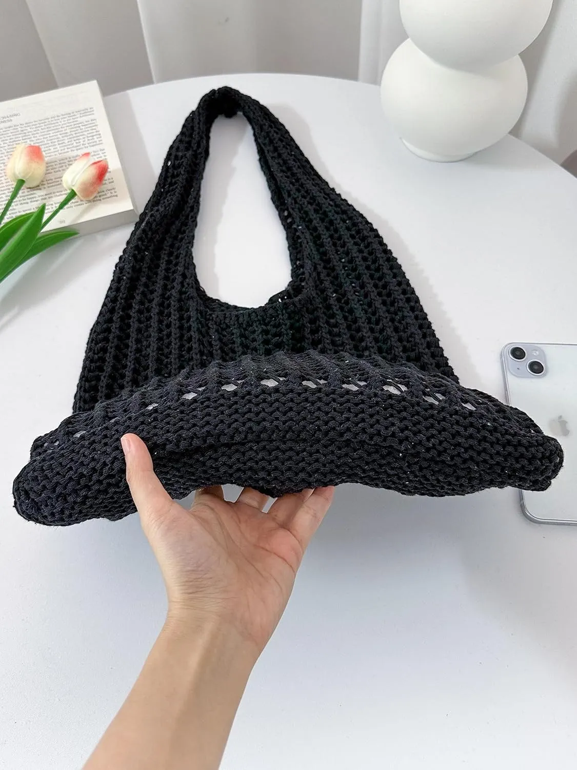 ENBEI Crochet Beach Bag - Women's Knit Shoulder Bags for Travel - Cute, Handmade Tote