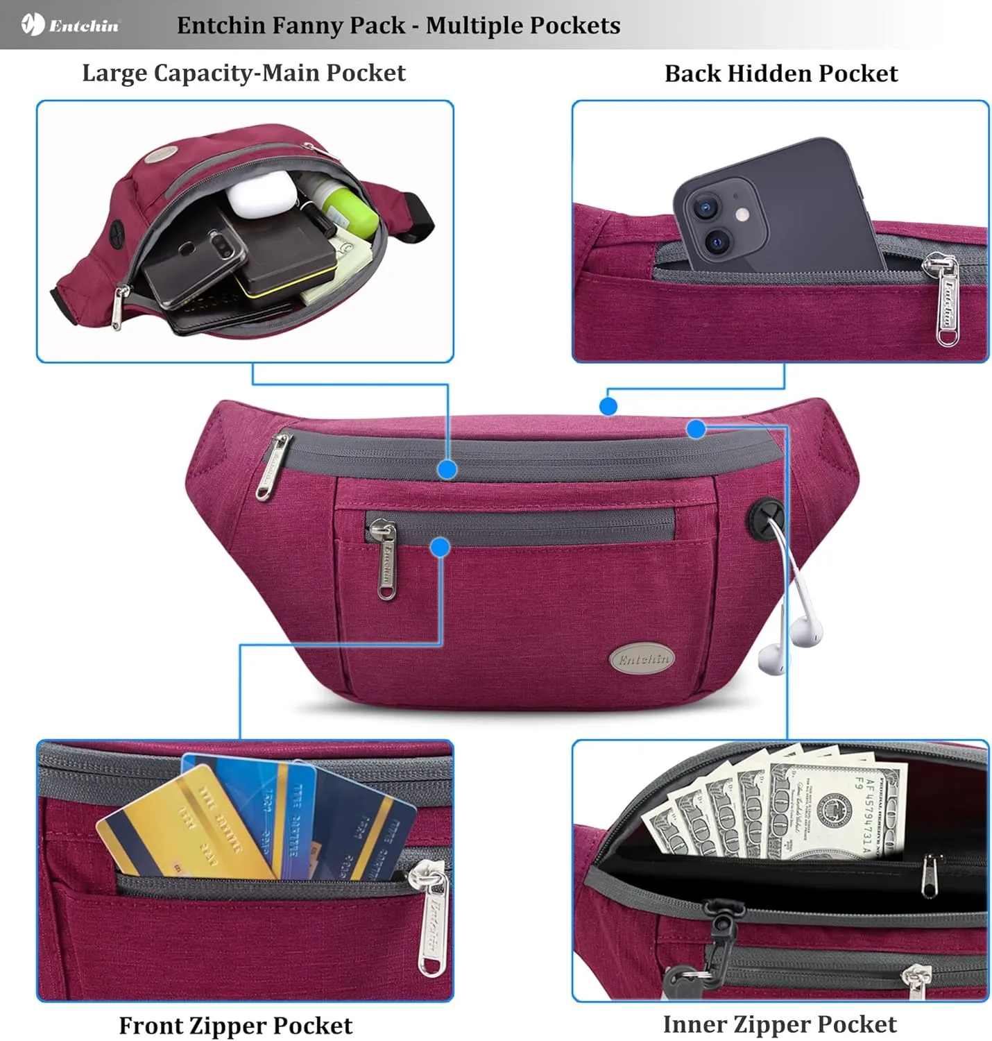 Entchin Fanny Pack for Women Men,Crossbody Belt Bag with 4-Zipper Pockets,Adjustable Waist Bag Pack,One of the Most Popular Travel Essential Gifts for Walking,Traveling,Cycling and Shopping