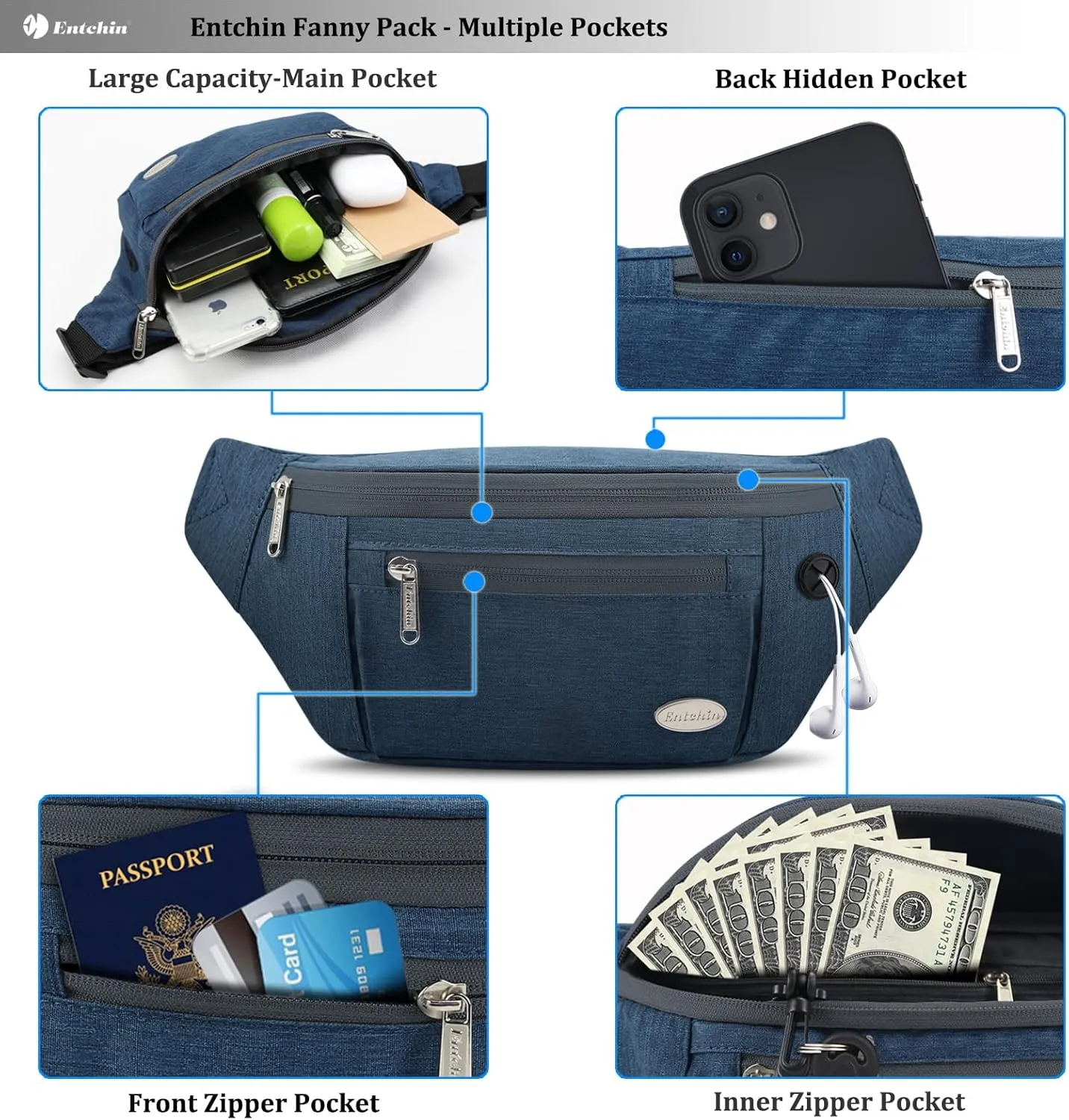 Entchin Fanny Pack for Women Men,Crossbody Belt Bag with 4-Zipper Pockets,Adjustable Waist Bag Pack,One of the Most Popular Travel Essential Gifts for Walking,Traveling,Cycling and Shopping