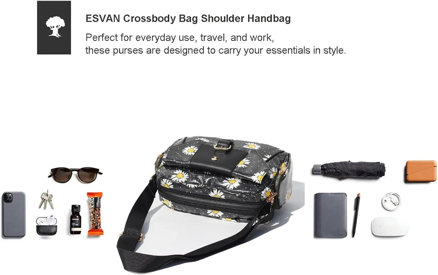 ESVAN Crossbody Bags for Women, Fashion Purses for Women Handbags Shoulder Bag with 2 Detachable Strap