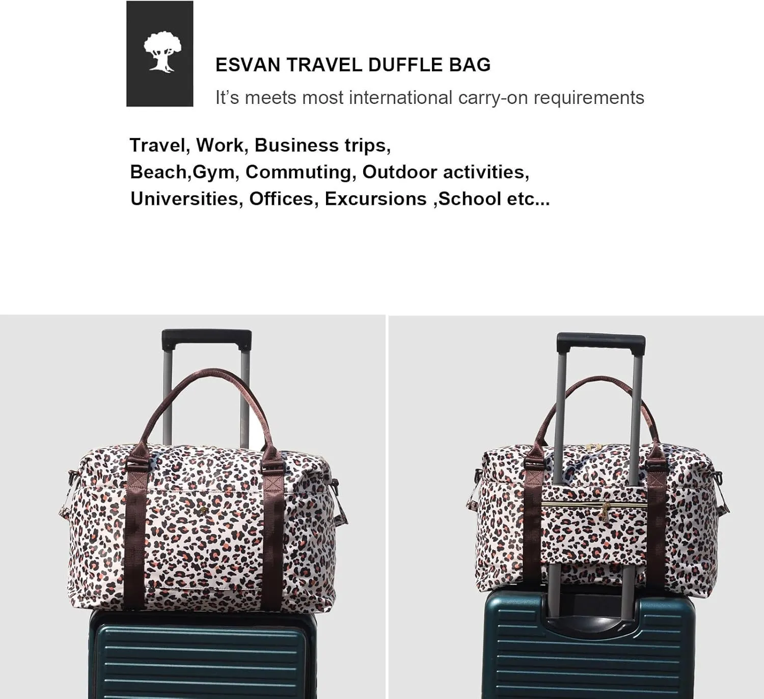 ESVAN Travel Tote Duffel Gym Bag,Weekender Overnight Carry-on Tote Crossbody Bag with Wet Pocket and Trolley Sleeve Upgraded
