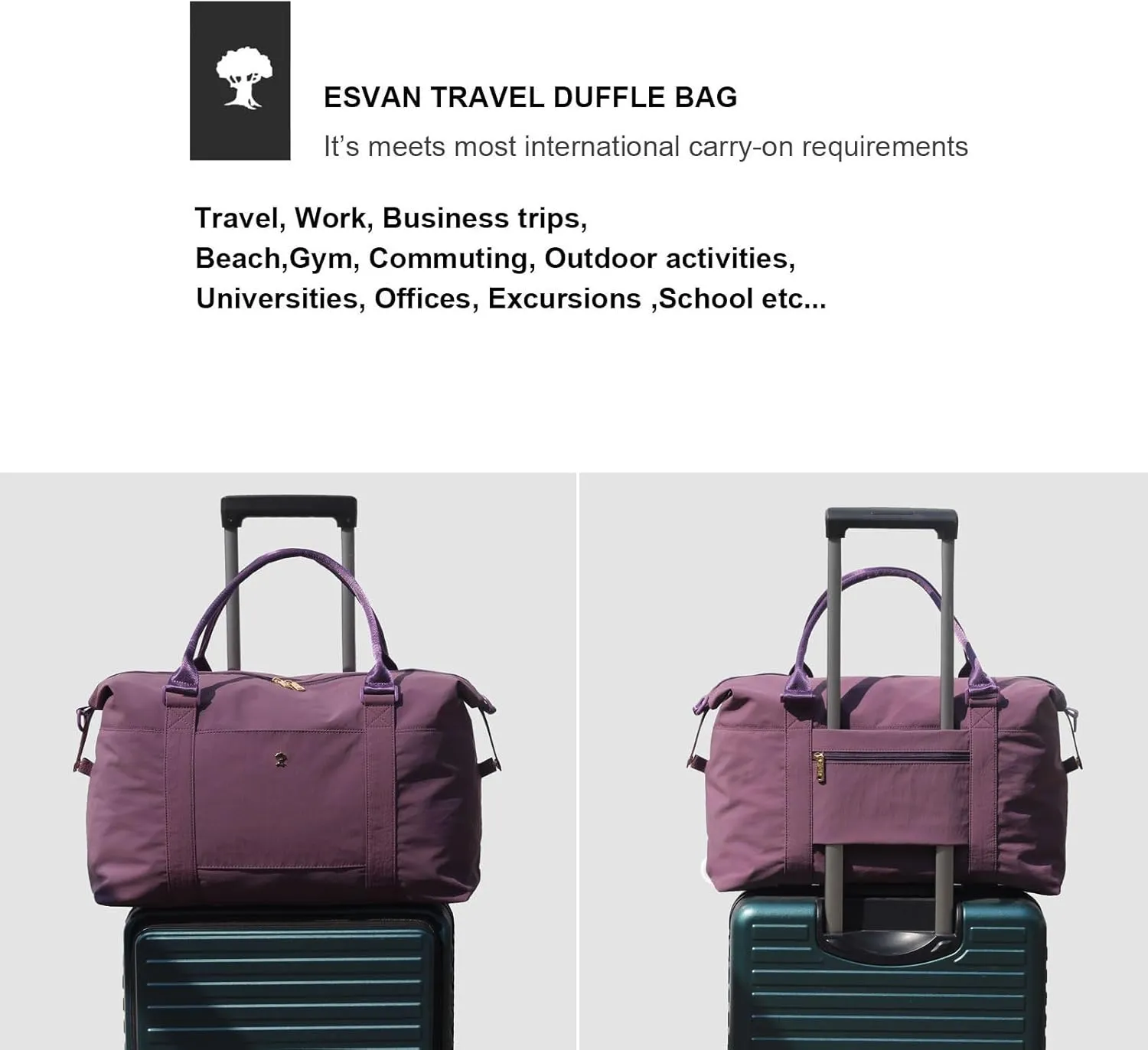 ESVAN Travel Tote Duffel Gym Bag,Weekender Overnight Carry-on Tote Crossbody Bag with Wet Pocket and Trolley Sleeve Upgraded