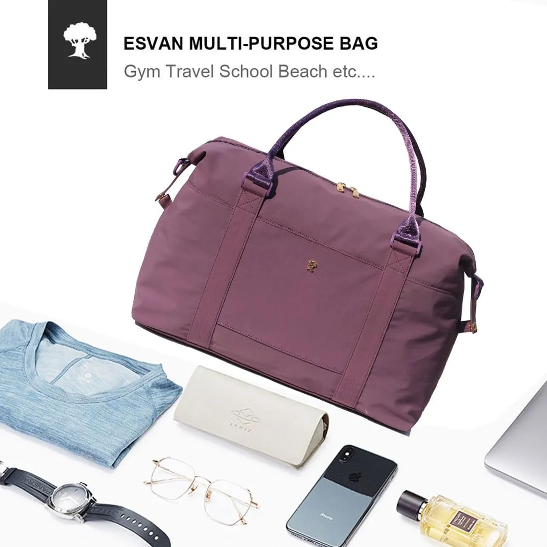 ESVAN Travel Tote Duffel Gym Bag,Weekender Overnight Carry-on Tote Crossbody Bag with Wet Pocket and Trolley Sleeve Upgraded