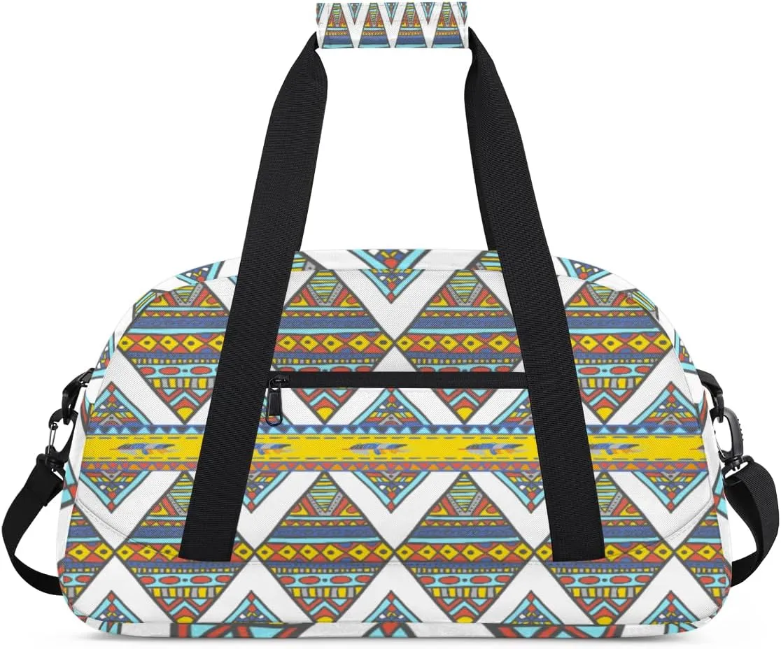 Ethnic Tribe Gym Duffel Bag for Men Women Geometric Pattern Sports Tote Bag with Adjustable Shoulder Strap for Dance Gymnastics Traveling Outdoor Camping Overnight Stay