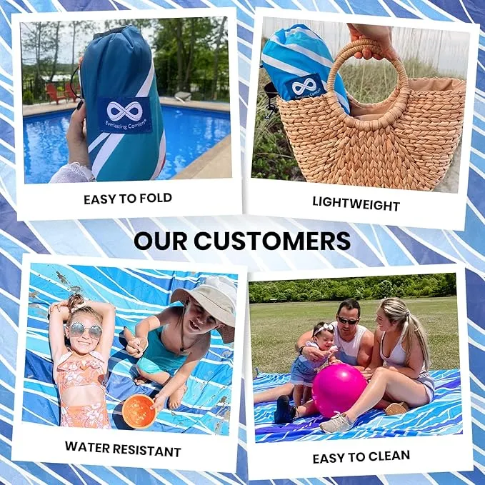 Everlasting Comfort Beach Blanket Waterproof Sandproof - Large Oversized Beach Mat for 10 People w/Stakes, Storage Bag - Beach Accessories for Family, Picnic, Concert, Travel