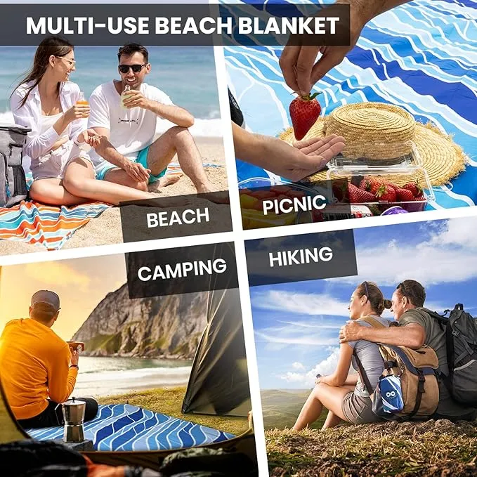 Everlasting Comfort Beach Blanket Waterproof Sandproof - Large Oversized Beach Mat for 10 People w/Stakes, Storage Bag - Beach Accessories for Family, Picnic, Concert, Travel