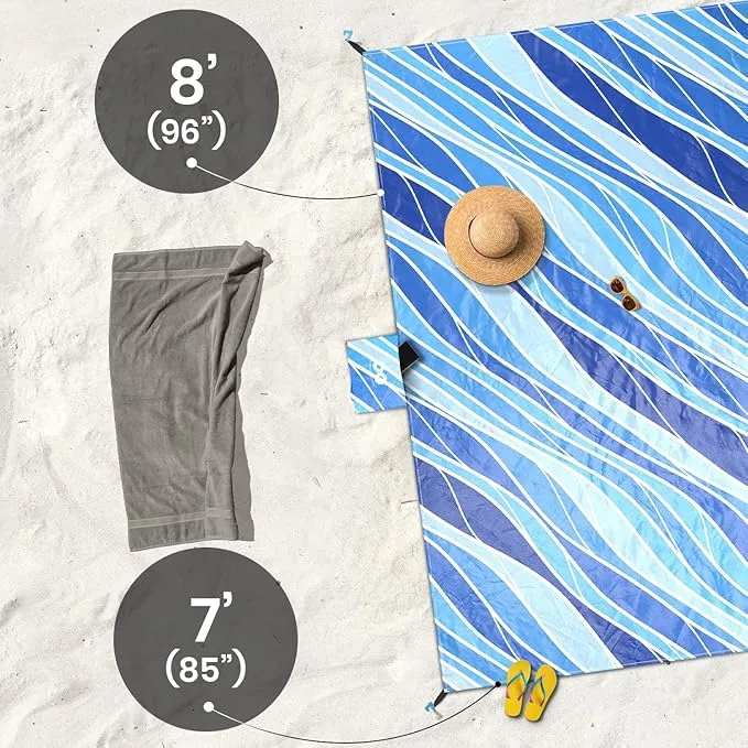 Everlasting Comfort Beach Blanket Waterproof Sandproof - Large Oversized Beach Mat for 10 People w/Stakes, Storage Bag - Beach Accessories for Family, Picnic, Concert, Travel