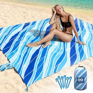 Everlasting Comfort Beach Blanket Waterproof Sandproof - Large Oversized Beach Mat for 10 People w/Stakes, Storage Bag - Beach Accessories for Family, Picnic, Concert, Travel