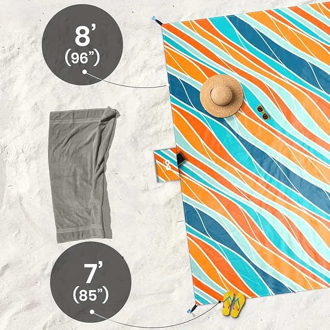Everlasting Comfort Beach Blanket Waterproof Sandproof - Large Oversized Beach Mat for 10 People w/Stakes, Storage Bag - Beach Accessories for Family, Picnic, Concert, Travel