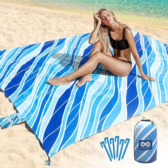Everlasting Comfort Beach Blanket Waterproof Sandproof - Large Oversized Beach Mat for 10 People w/Stakes, Storage Bag - Beach Accessories for Family, Picnic, Concert, Travel