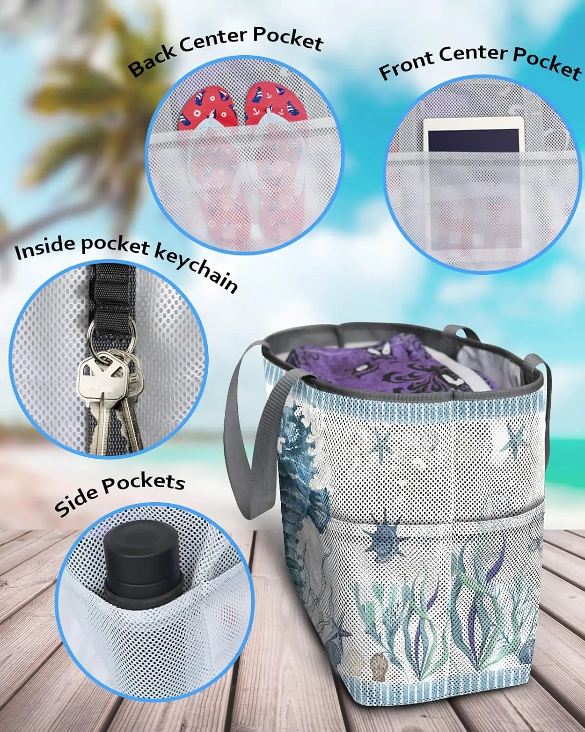 Extra Large Beach Themed Patterned 7 Pocket Mesh Sandproof Water Resistant Beach Bag