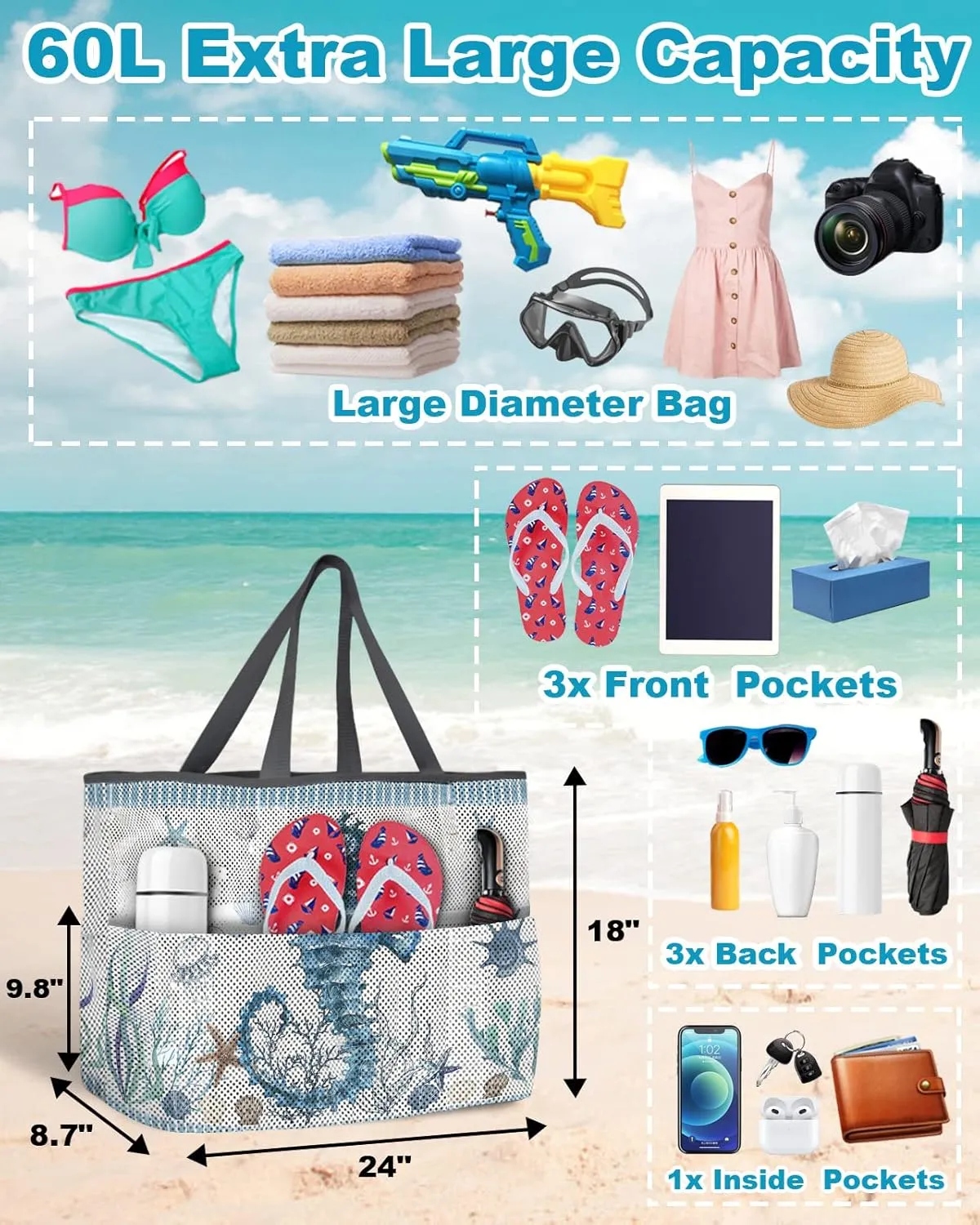 Extra Large Beach Themed Patterned 7 Pocket Mesh Sandproof Water Resistant Beach Bag