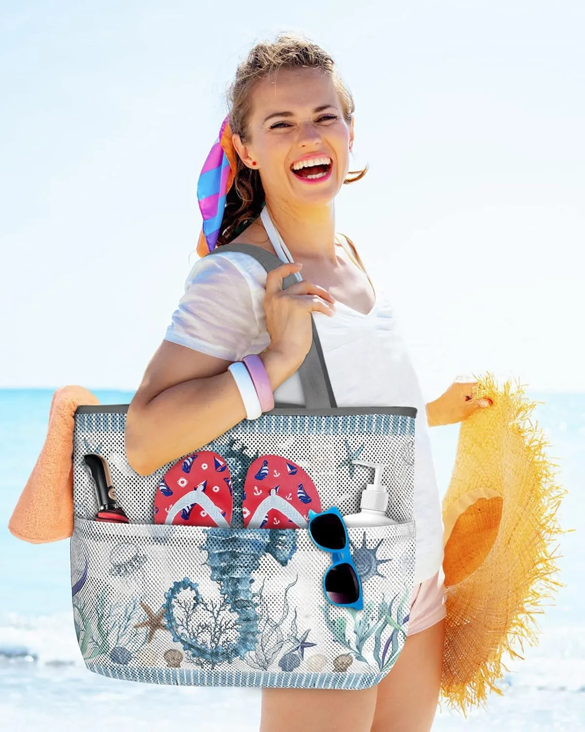 Extra Large Beach Themed Patterned 7 Pocket Mesh Sandproof Water Resistant Beach Bag