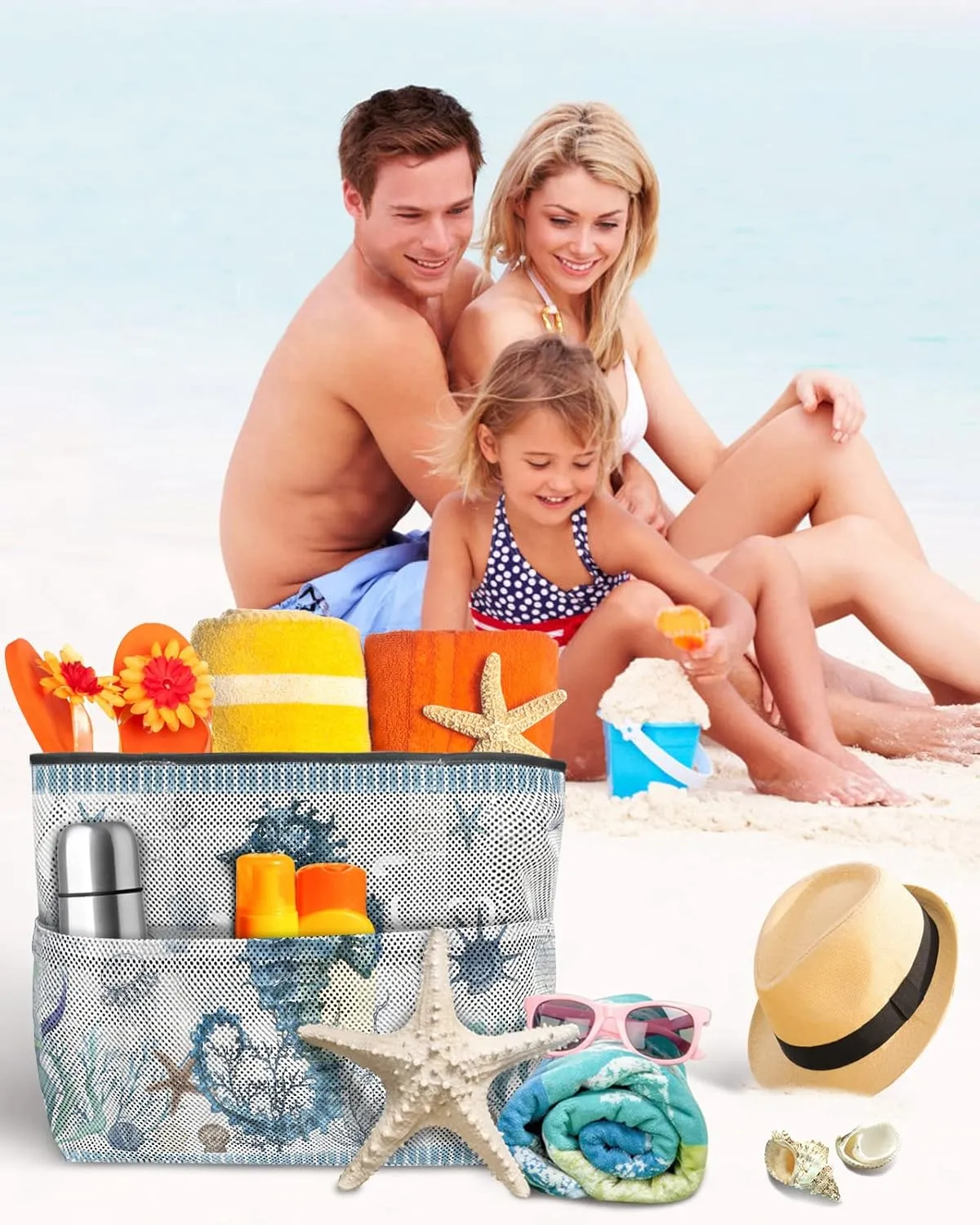Extra Large Beach Themed Patterned 7 Pocket Mesh Sandproof Water Resistant Beach Bag