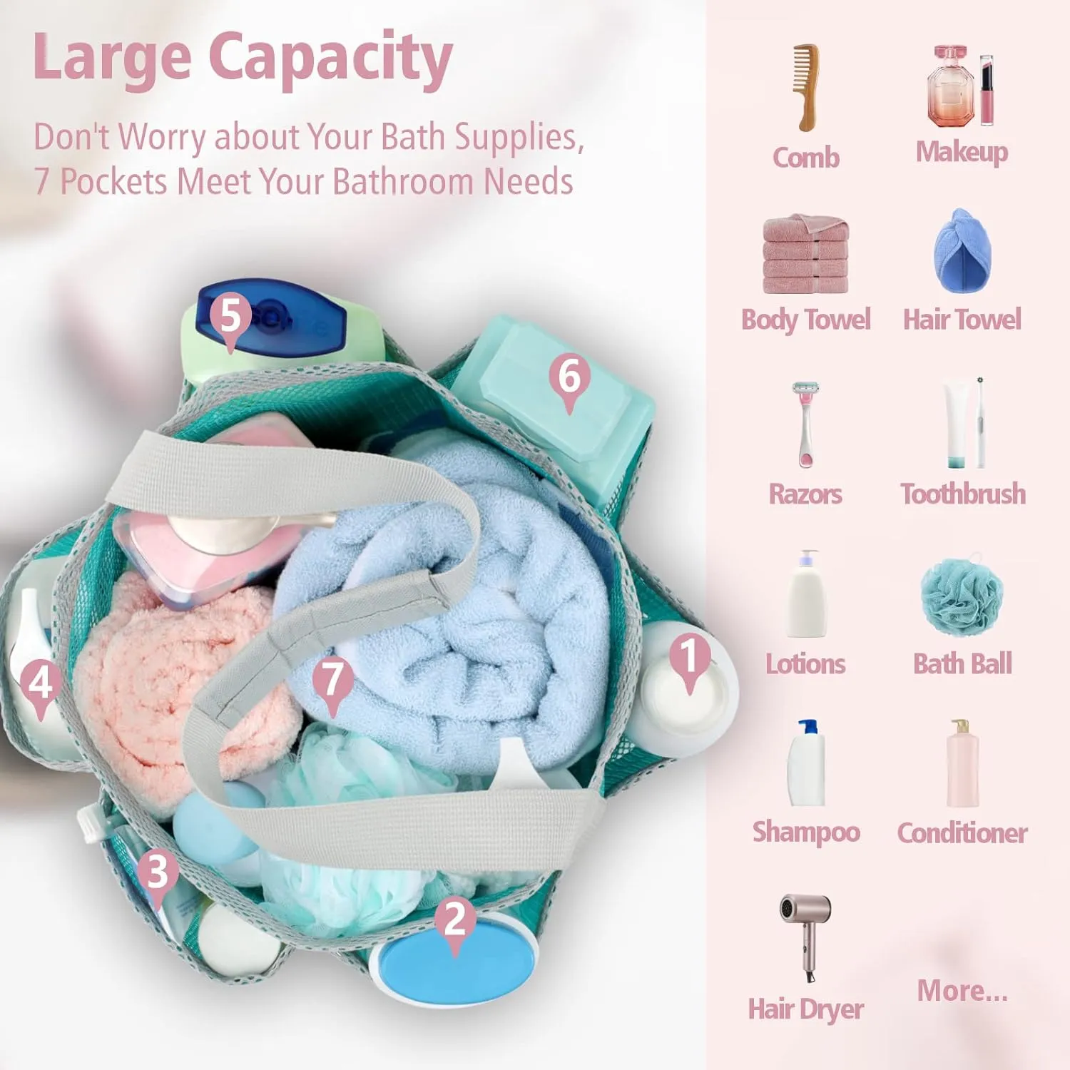 F-color Mesh Shower Caddy Portable, Large Capacity Shower Bag Basket Tote for College Dorm Room Toiletry Gym Rv Essentials, Bathroom with S Hook, Mint Green