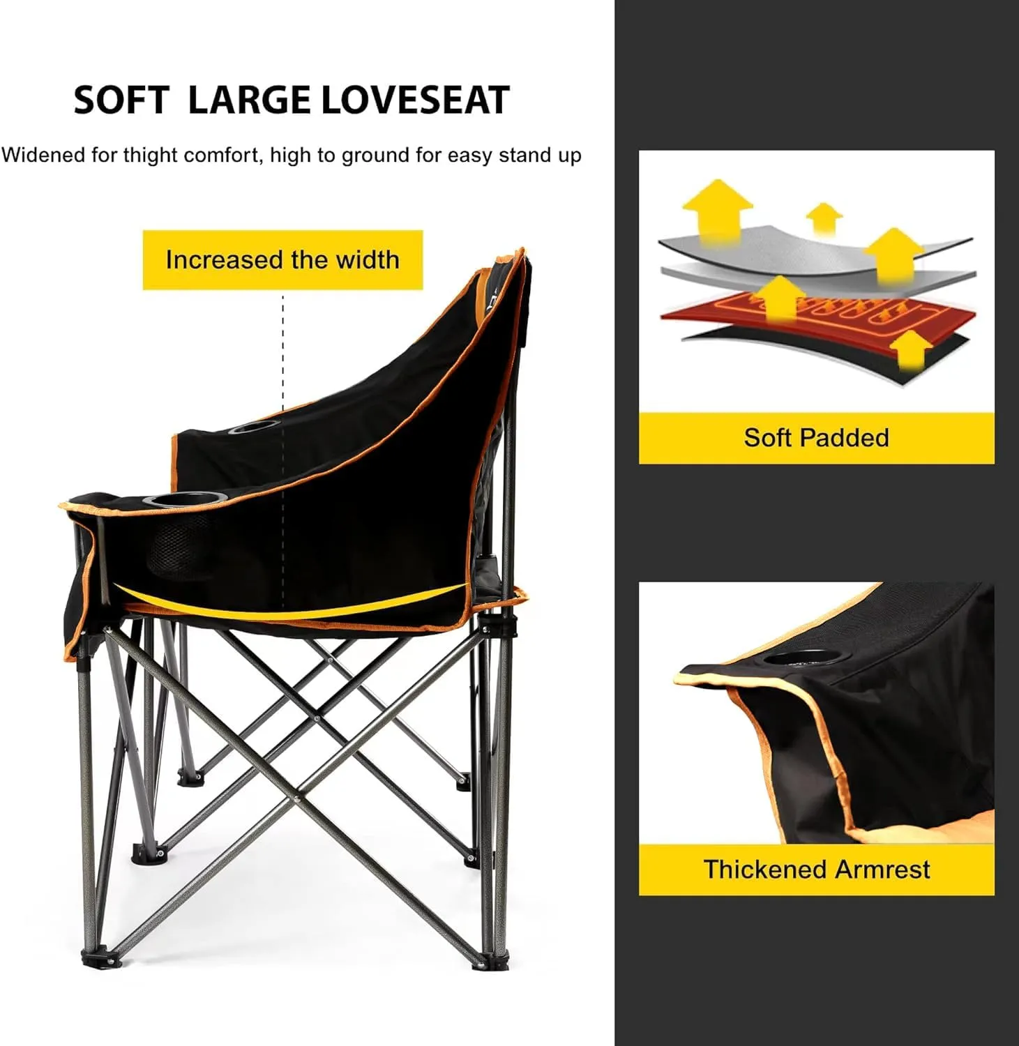 FAIR WIND Oversized Fully Padded Camping Chair Folding Loveseat Camping Couch Double Duo Chair Heavy Duty Quad Fold Arm Chair with Cup Hold - Supports 650 LBS Blue
