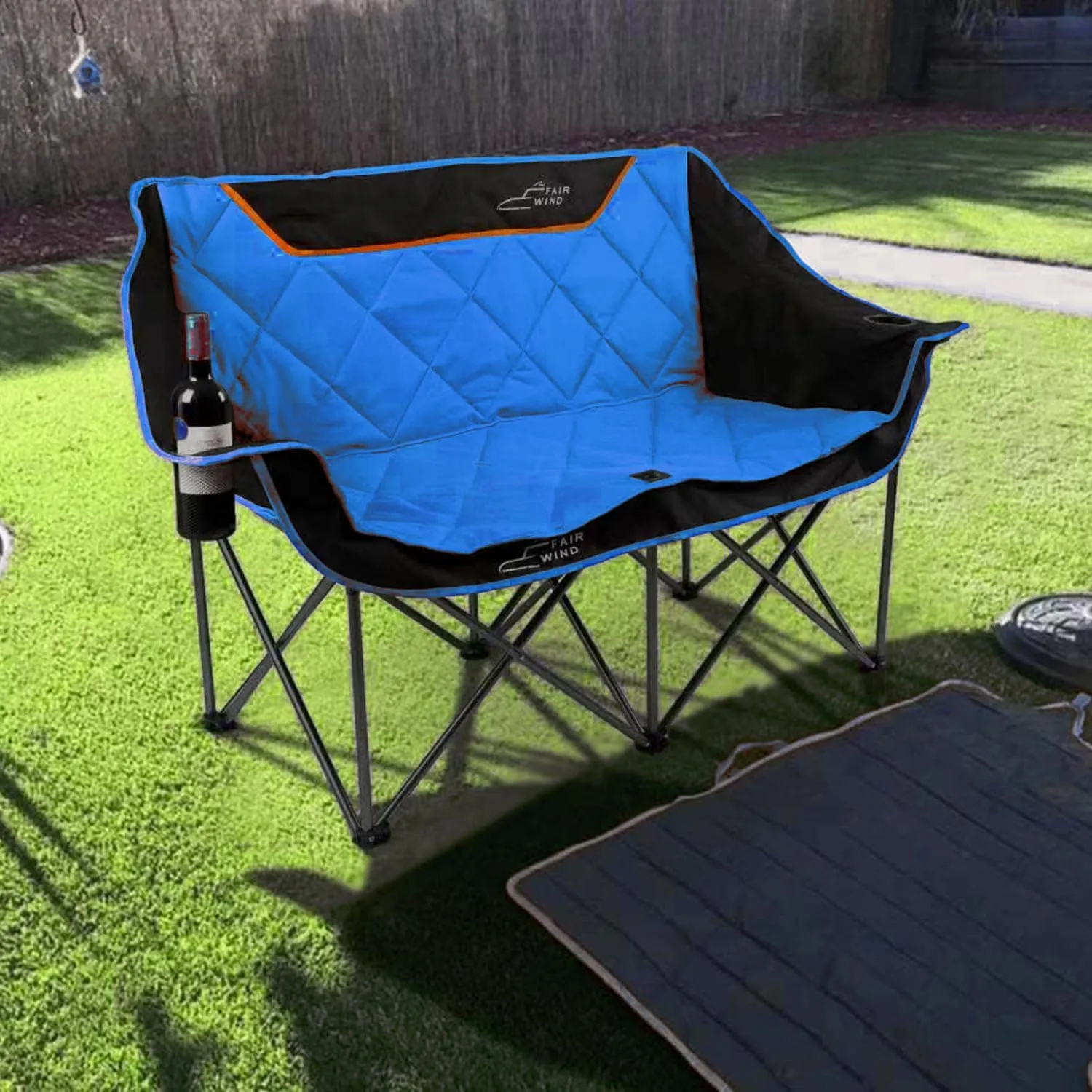 FAIR WIND Oversized Fully Padded Camping Chair Folding Loveseat Camping Couch Double Duo Chair Heavy Duty Quad Fold Arm Chair with Cup Hold - Supports 650 LBS Blue